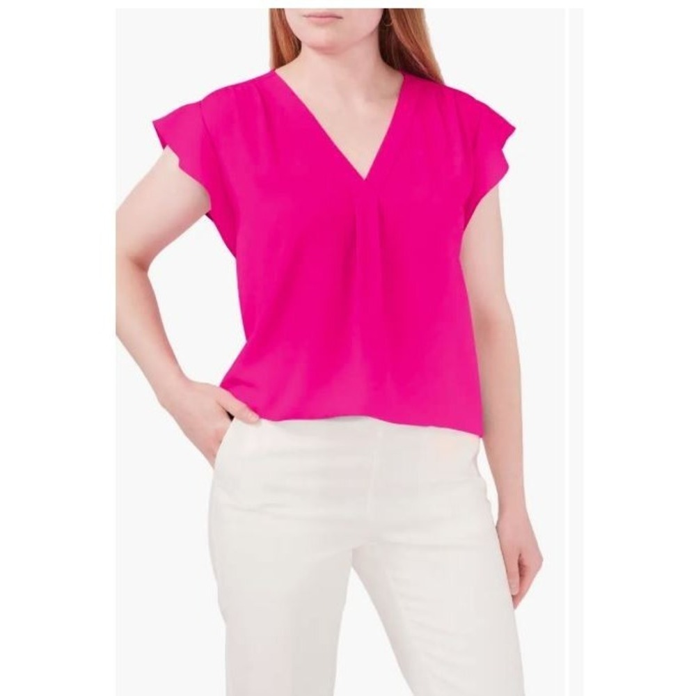 Chaus New York Women's‎ V-Neck Flutter Short Sleeve Blouse in Pink Affair Small